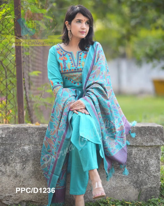 Raama Green Classy Aari Embroidery Work Cotton Kurta Set