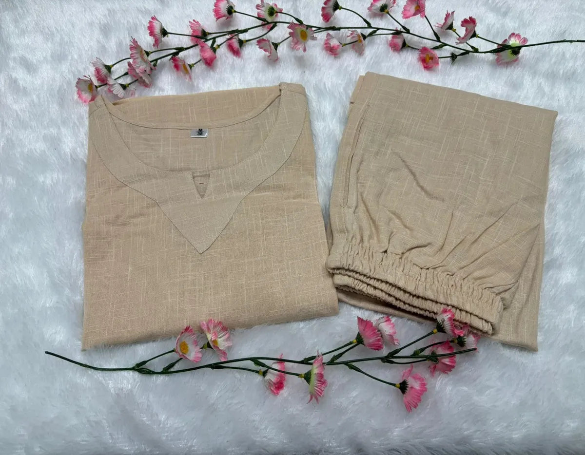 Beige Solid Cotton Co-Ord Set