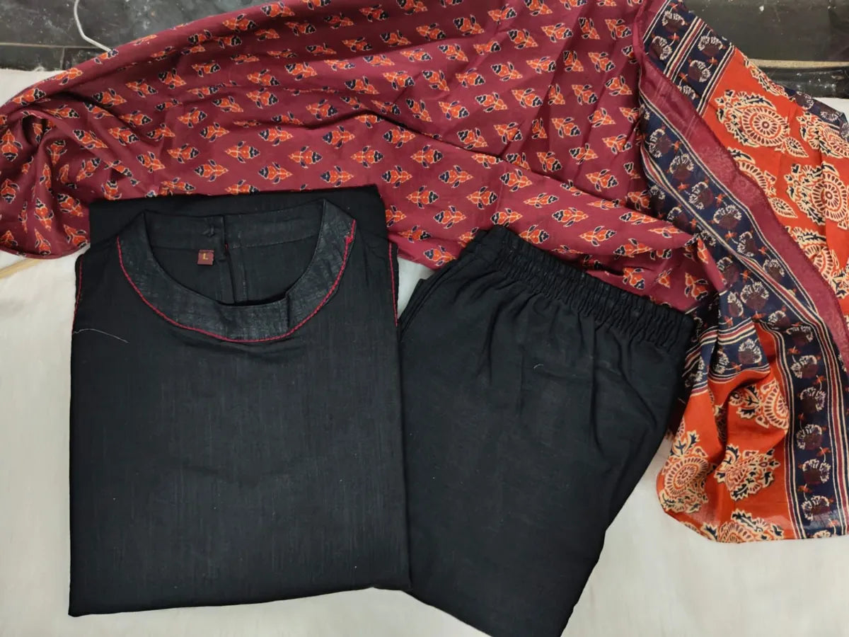 Cotton Cut Sleeve Kurta With Pant & Dupatta Set