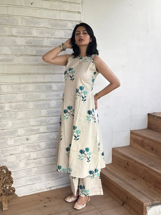 Cotton Cut Sleeve Kurta & Pant Set