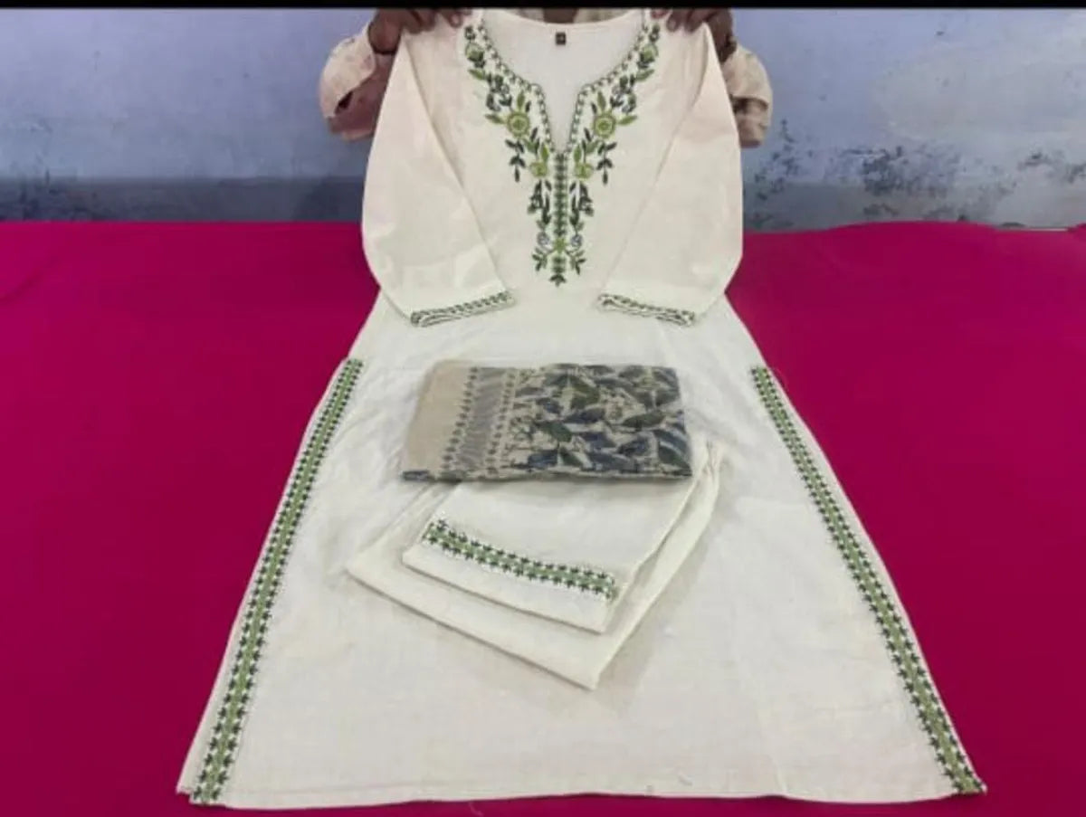 Cotton Embroidered Kurta with Pant & Khadi Silk Dupatta Set