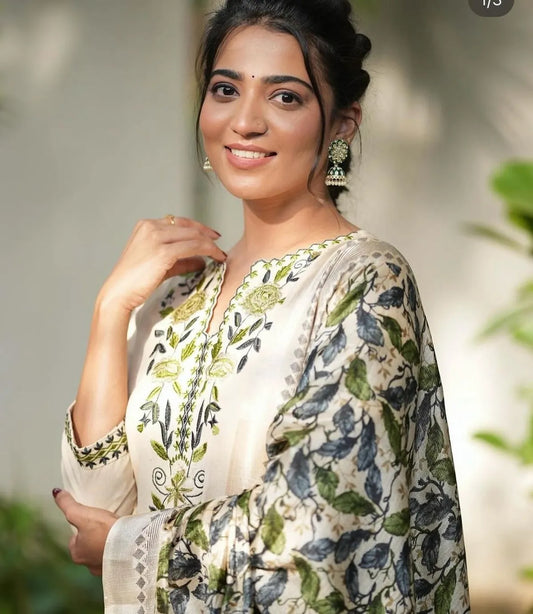 Cotton Embroidered Kurta with Pant & Khadi Silk Dupatta Set