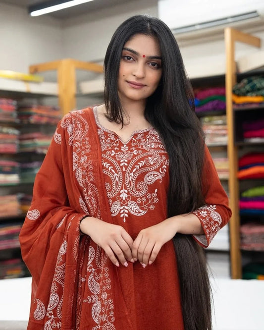 Cotton Embroidered Kurta With Pant & Dupatta Set