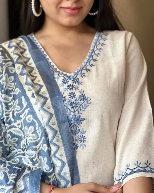 Cotton Embroidered Kurta With Pant & Dupatta Set