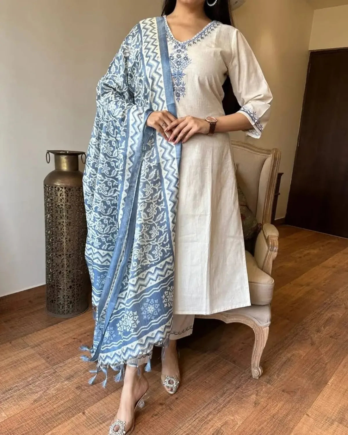 Cotton Embroidered Kurta With Pant & Dupatta Set