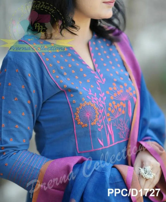 Cotton Embroidered Kurta With Pant & Linen Dupatta Set