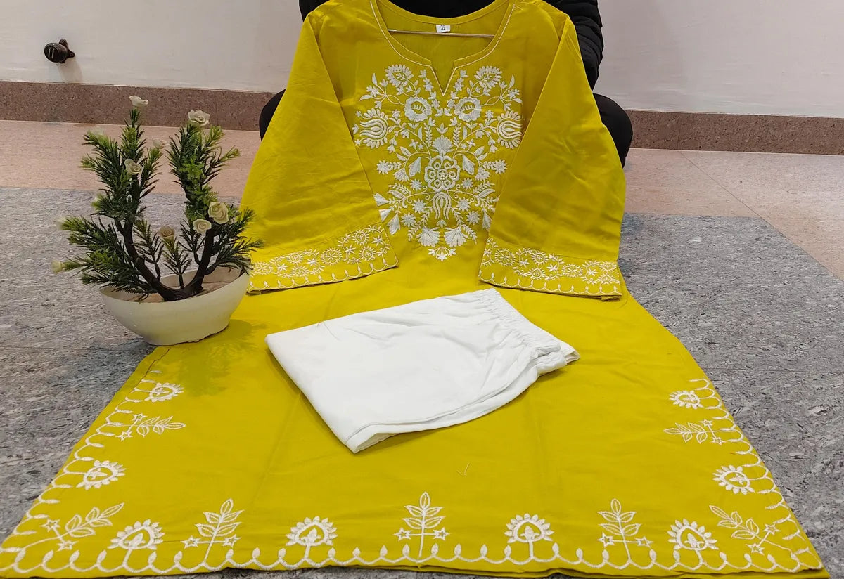 Mustard Yellow Embroidered Cotton Kurta Pant Set