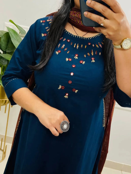 Cotton Hand Work Kurta With Pant & Dupatta Set