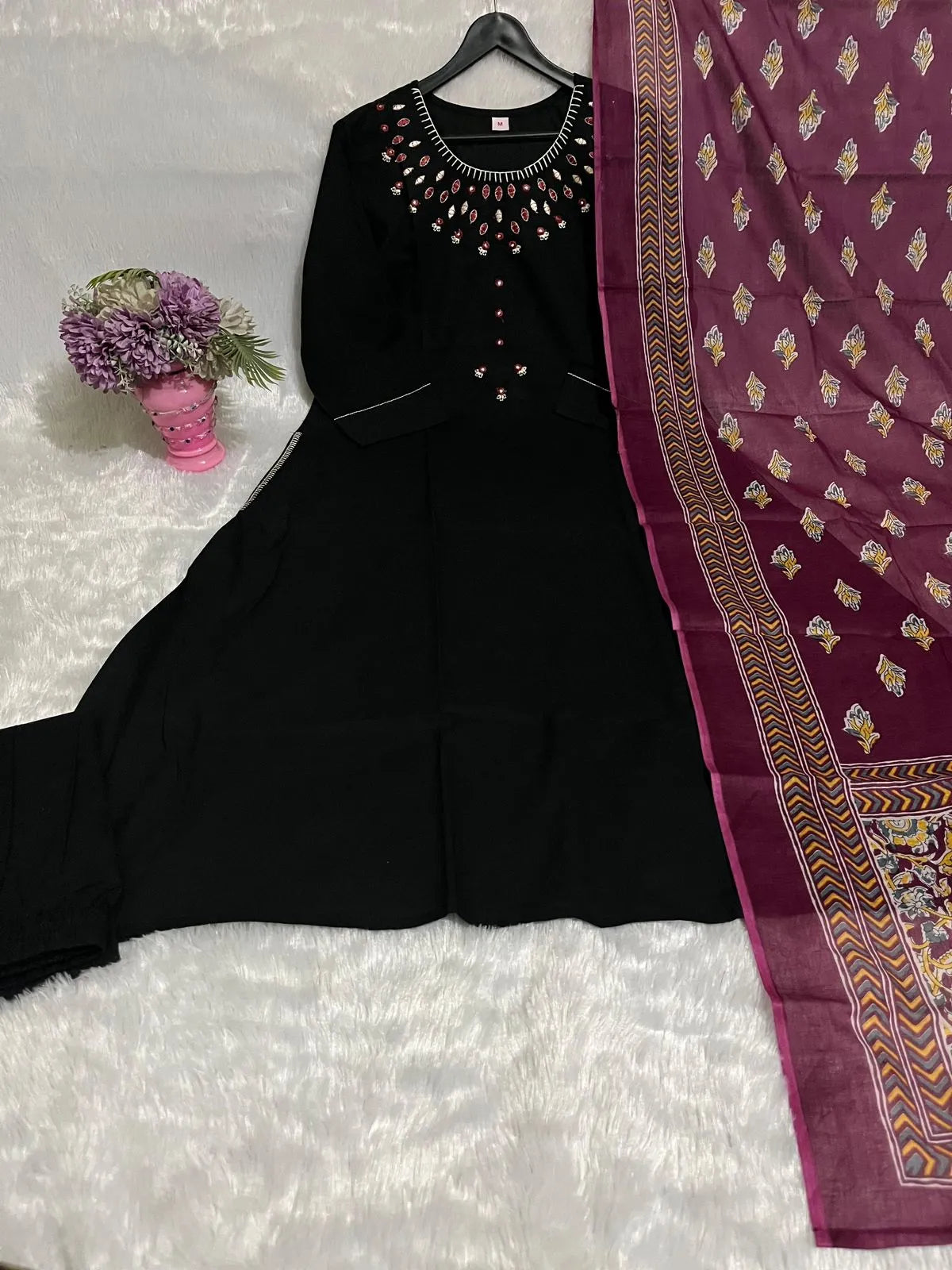 Cotton Hand Work Kurta With Pant & Dupatta Set
