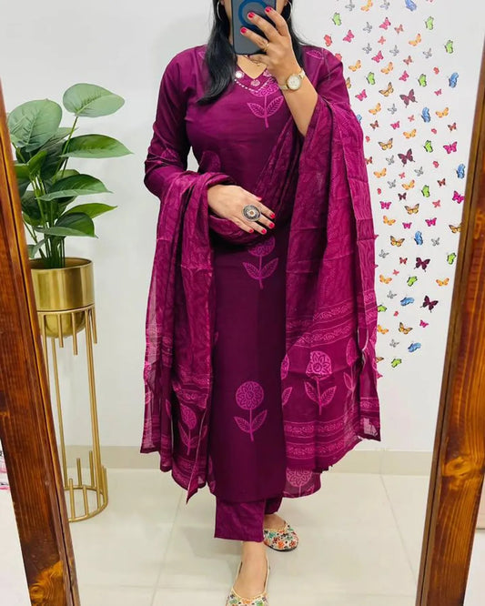 Cotton Embroidered Kurta With Pant & Dupatta Set