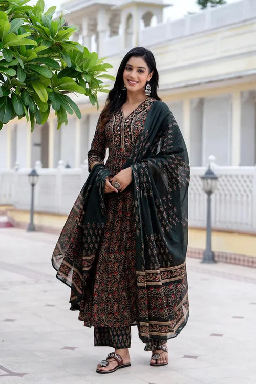 Cotton Printed Kurta With Pant & Dupatta Set