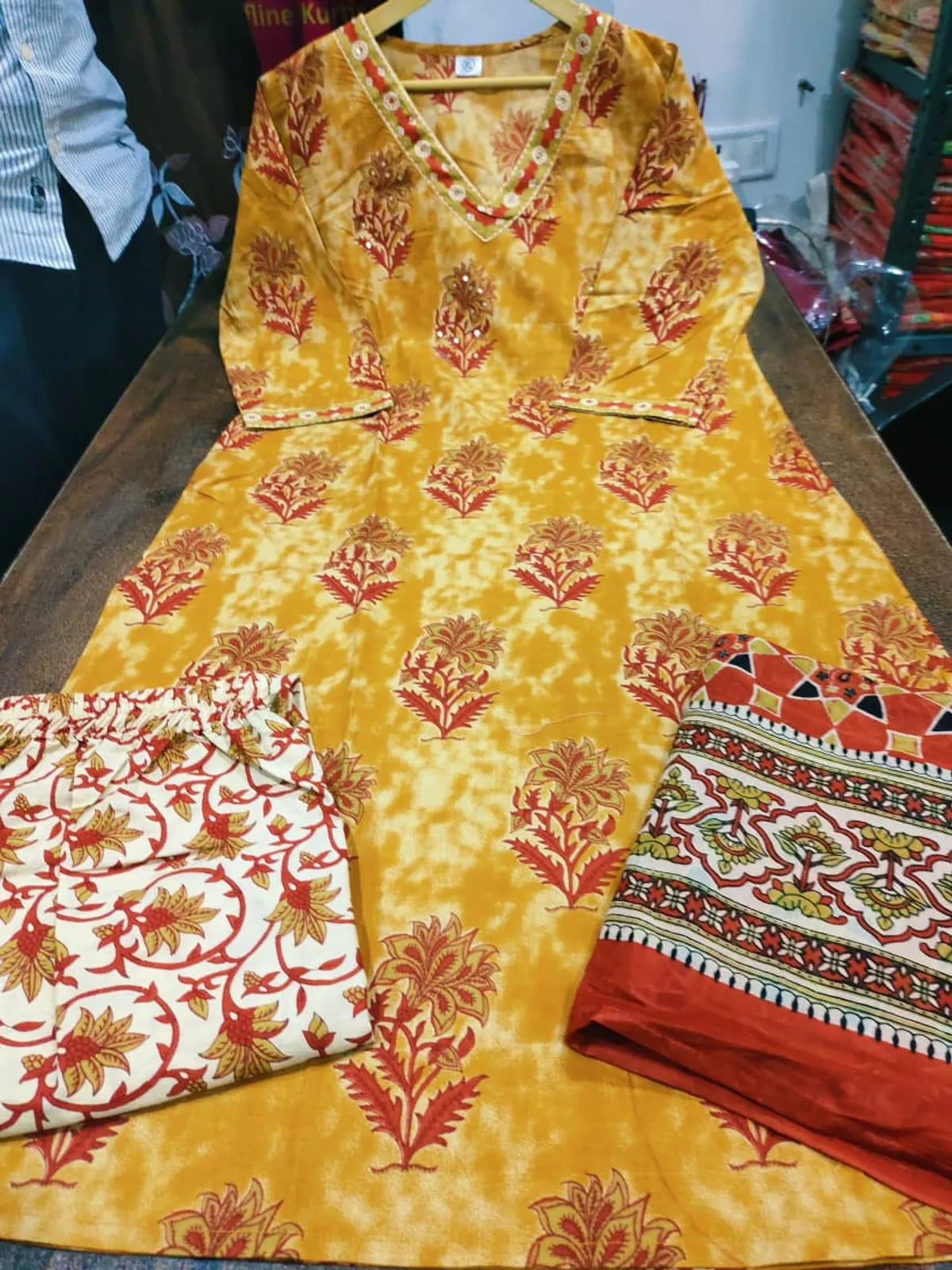 Mustard Yellow Printed Kurta Set with Rust Dupatta