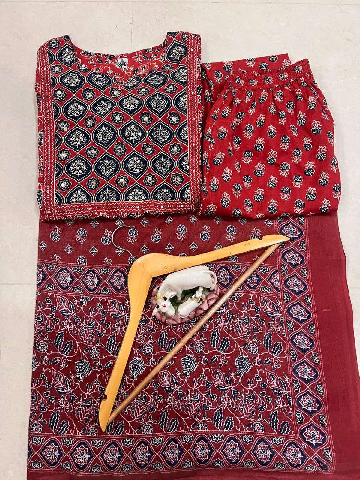 Maroon Ajrakh Printed Cotton Kurta Pant Set with Dupatta