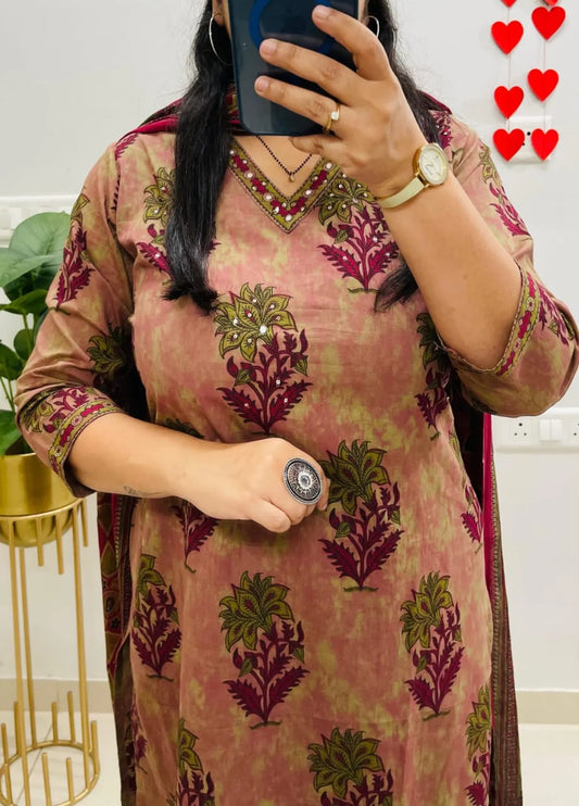 Peach Floral Printed Kurta Pant Set with Dupatta