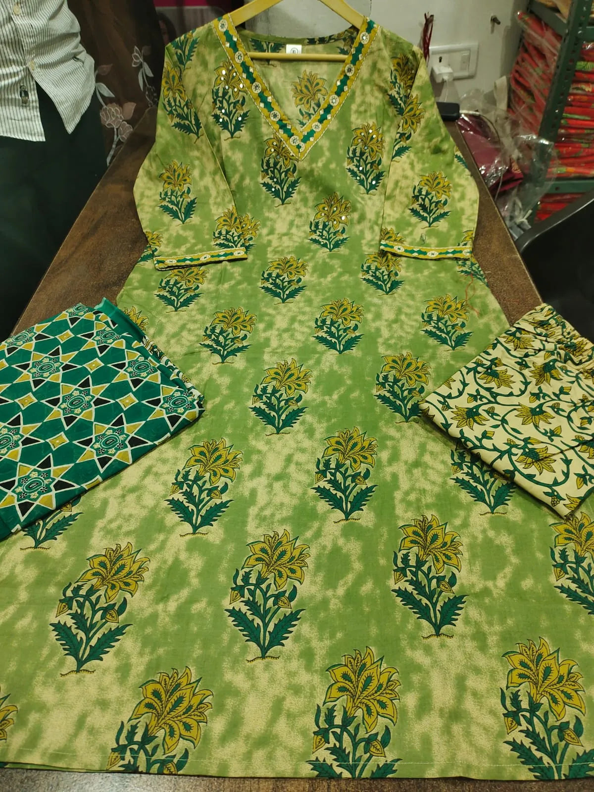 Pista Green Printed Kurta Set with Dark Green Dupatta