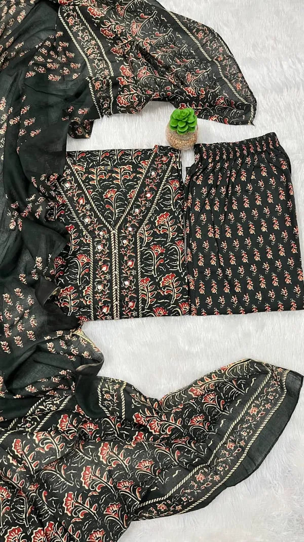 Cotton Printed Kurta With Pant & Dupatta Set