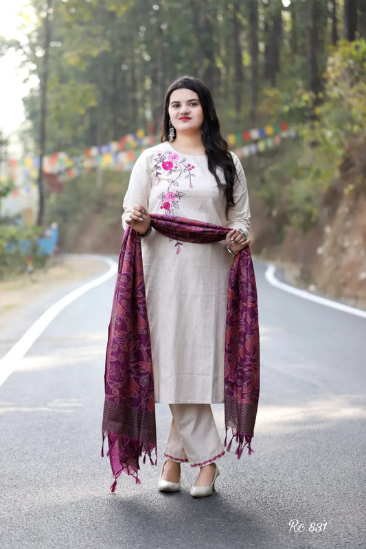 Handloom South Cotton Kurta With Pant & Khadi Silk Dupatta Set
