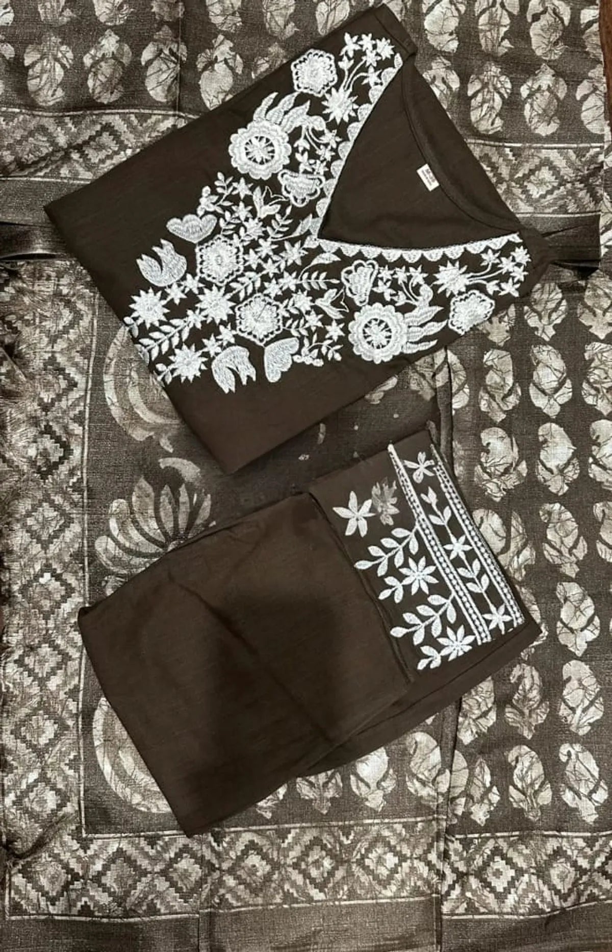 Chocolate Brown Embroidered Khadi Cotton Kurta Pant Set with Dupatta