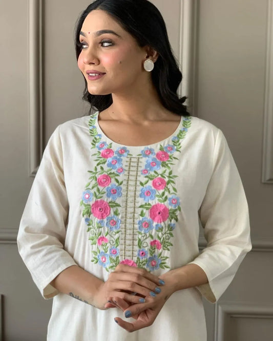 Khadi Cotton Embroidered Kurta With Pant & Khadi Silk Dupatta Set