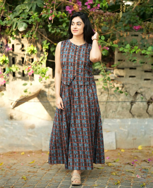 Blue Checked Sleeveless Kurta Dress for Women