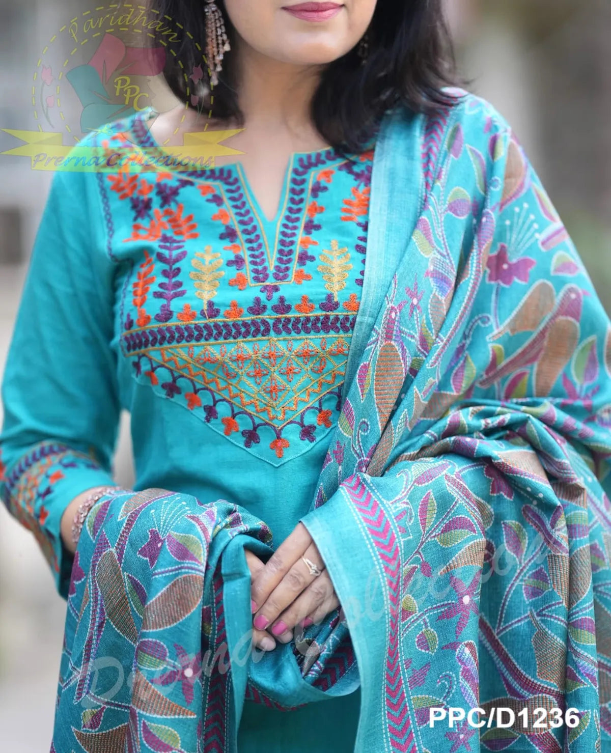 Raama Green Classy Aari Embroidery Work Cotton Kurta Set