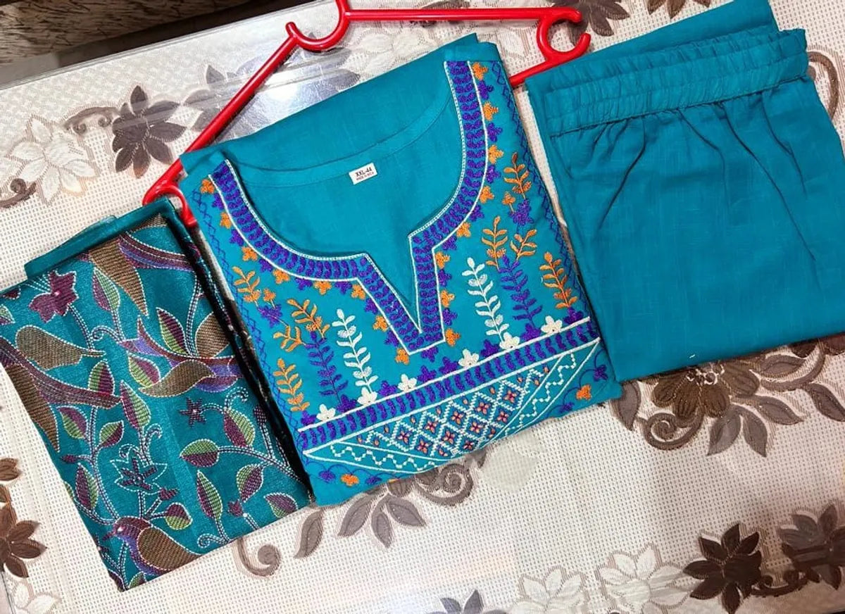 Raama Green Classy Aari Embroidery Work Cotton Kurta Set
