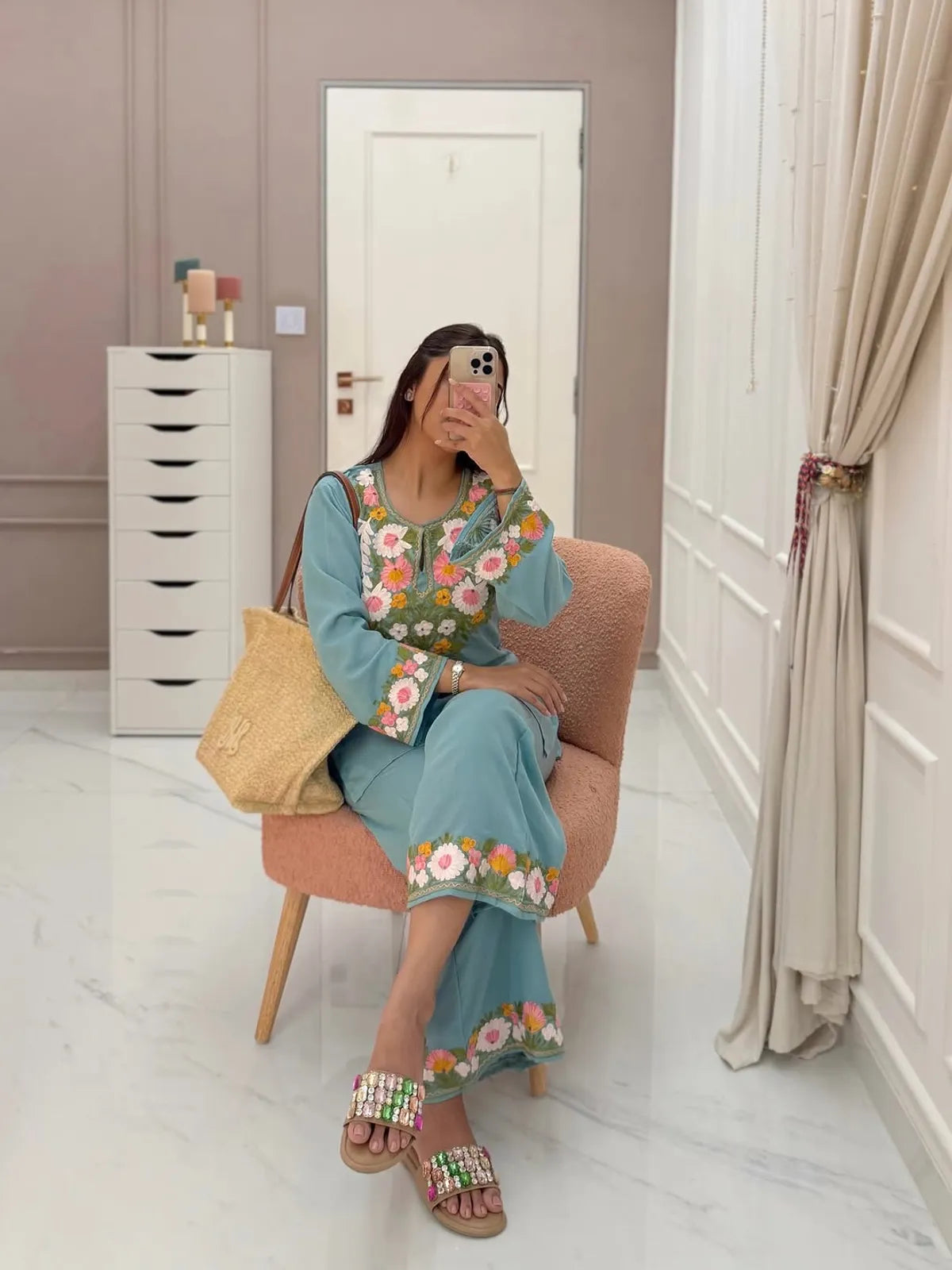 Sky Blue Floral Embroidered Cotton Co-Ord Set