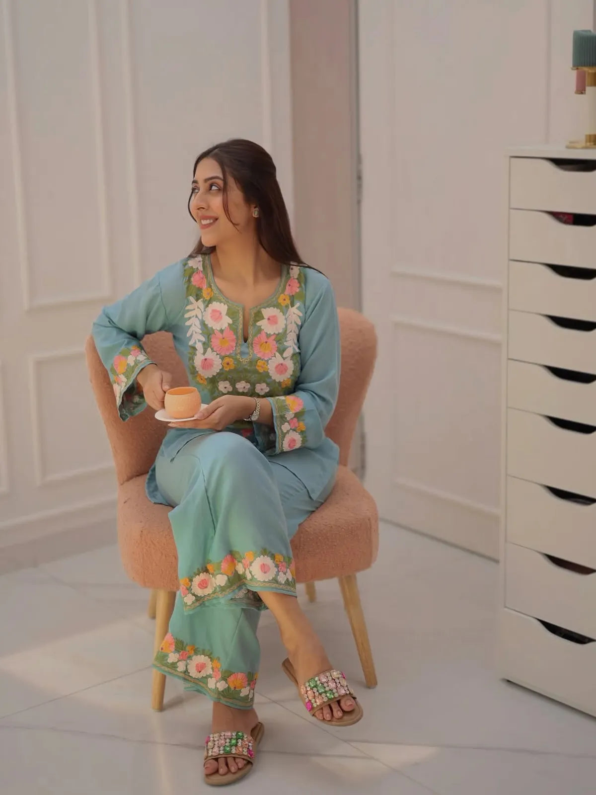 Sky Blue Floral Embroidered Cotton Co-Ord Set