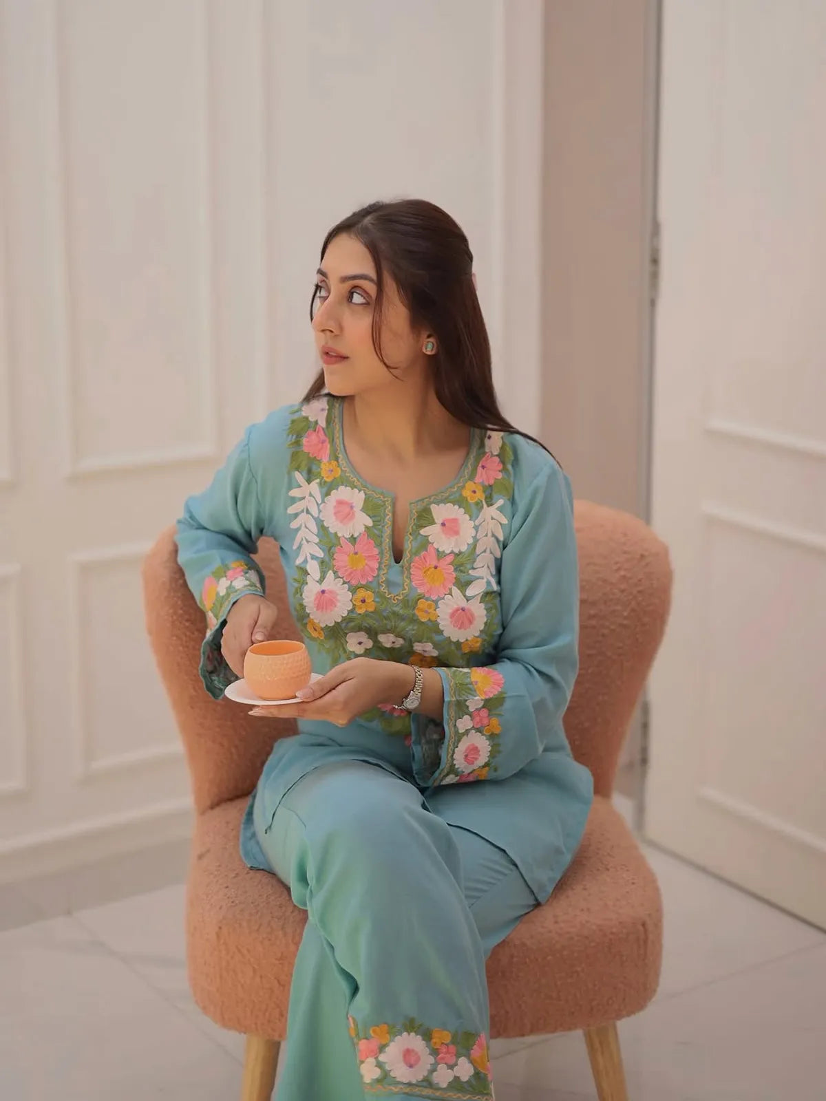 Sky Blue Floral Embroidered Cotton Co-Ord Set