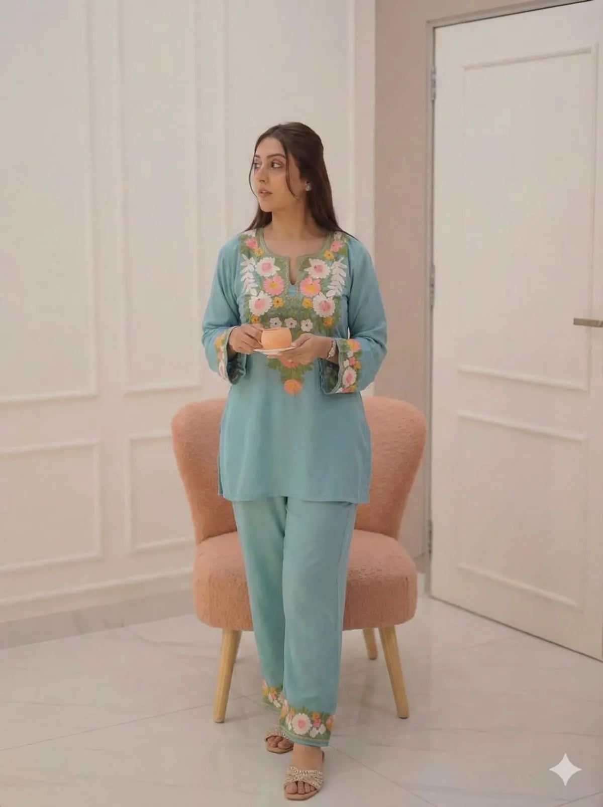 Sky Blue Floral Embroidered Cotton Co-Ord Set