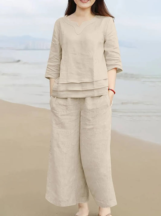 Beige Solid Cotton Co-Ord Set