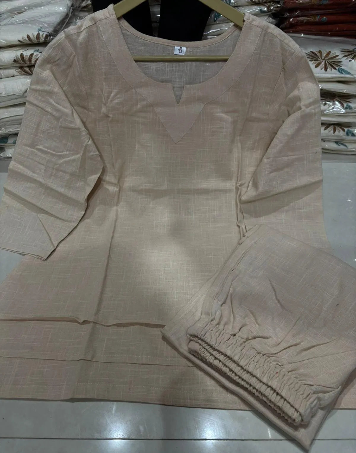 Beige Solid Cotton Co-Ord Set