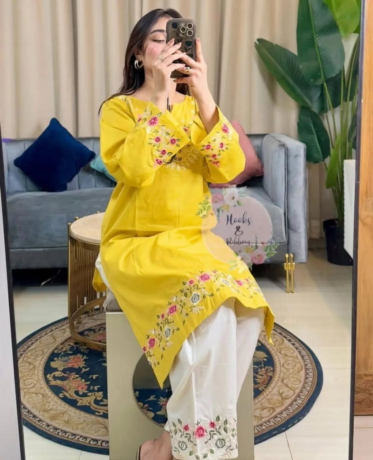Yellow Floral Embroidered Cotton Kurta Pant Set