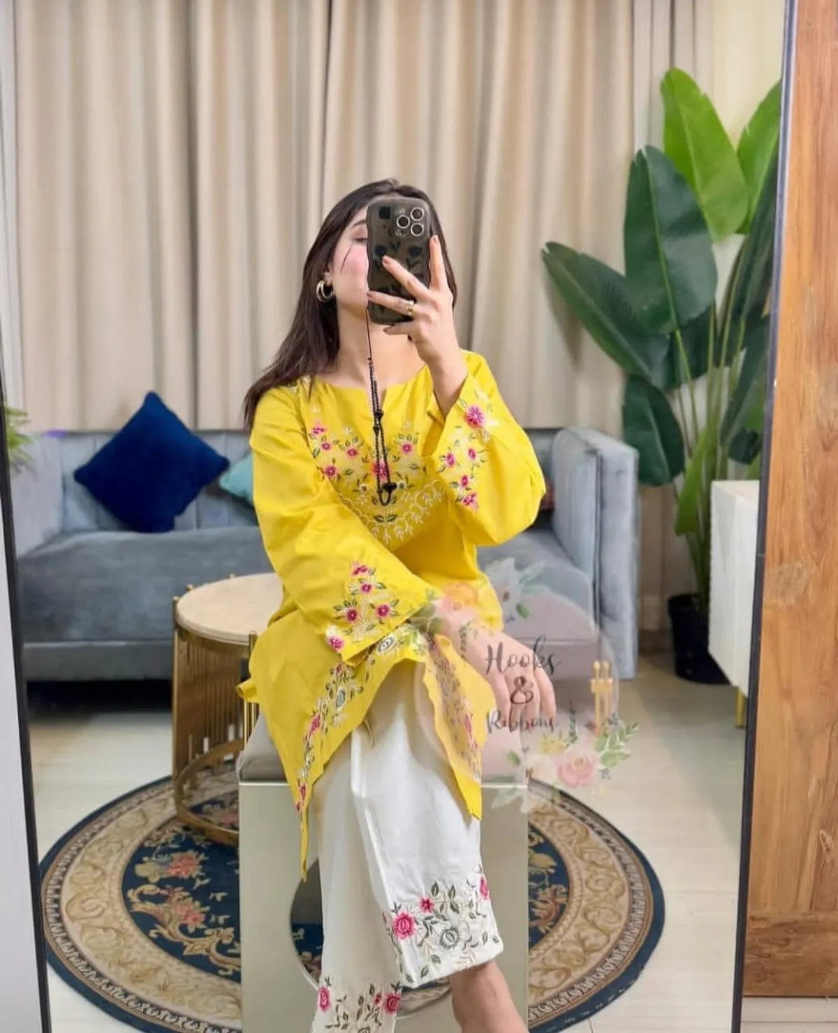 Yellow Floral Embroidered Cotton Kurta Pant Set