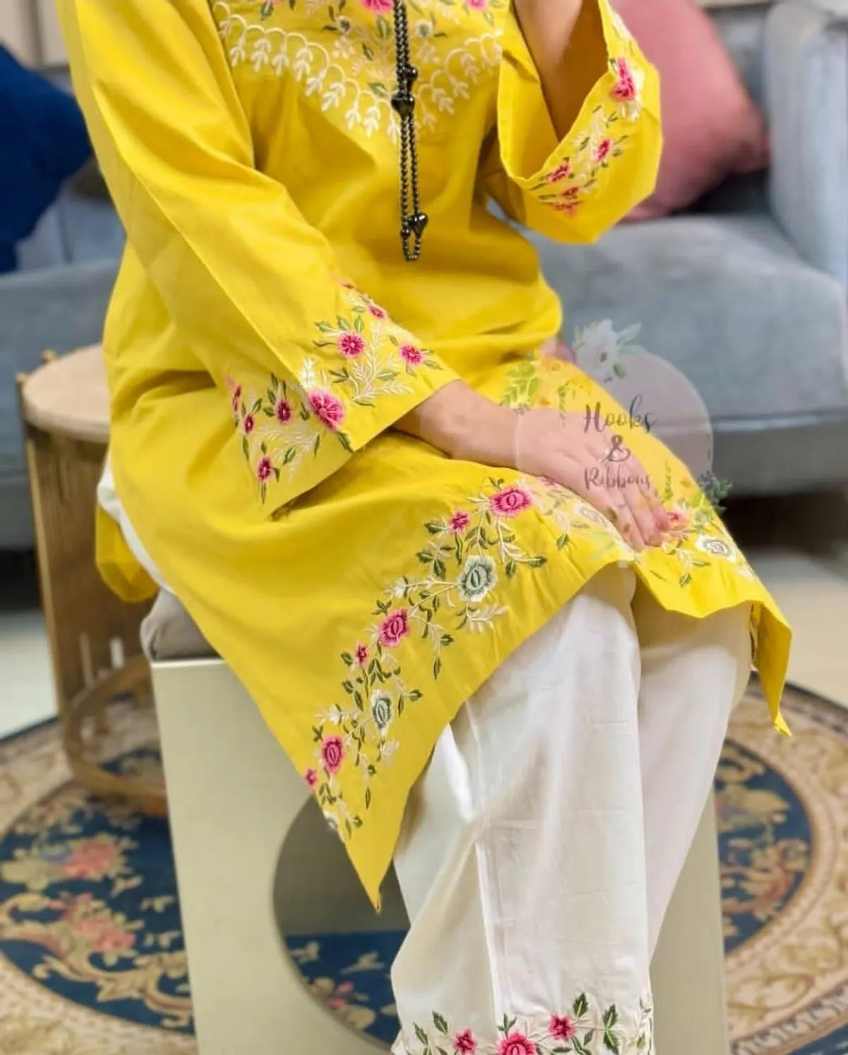 Yellow Floral Embroidered Cotton Kurta Pant Set