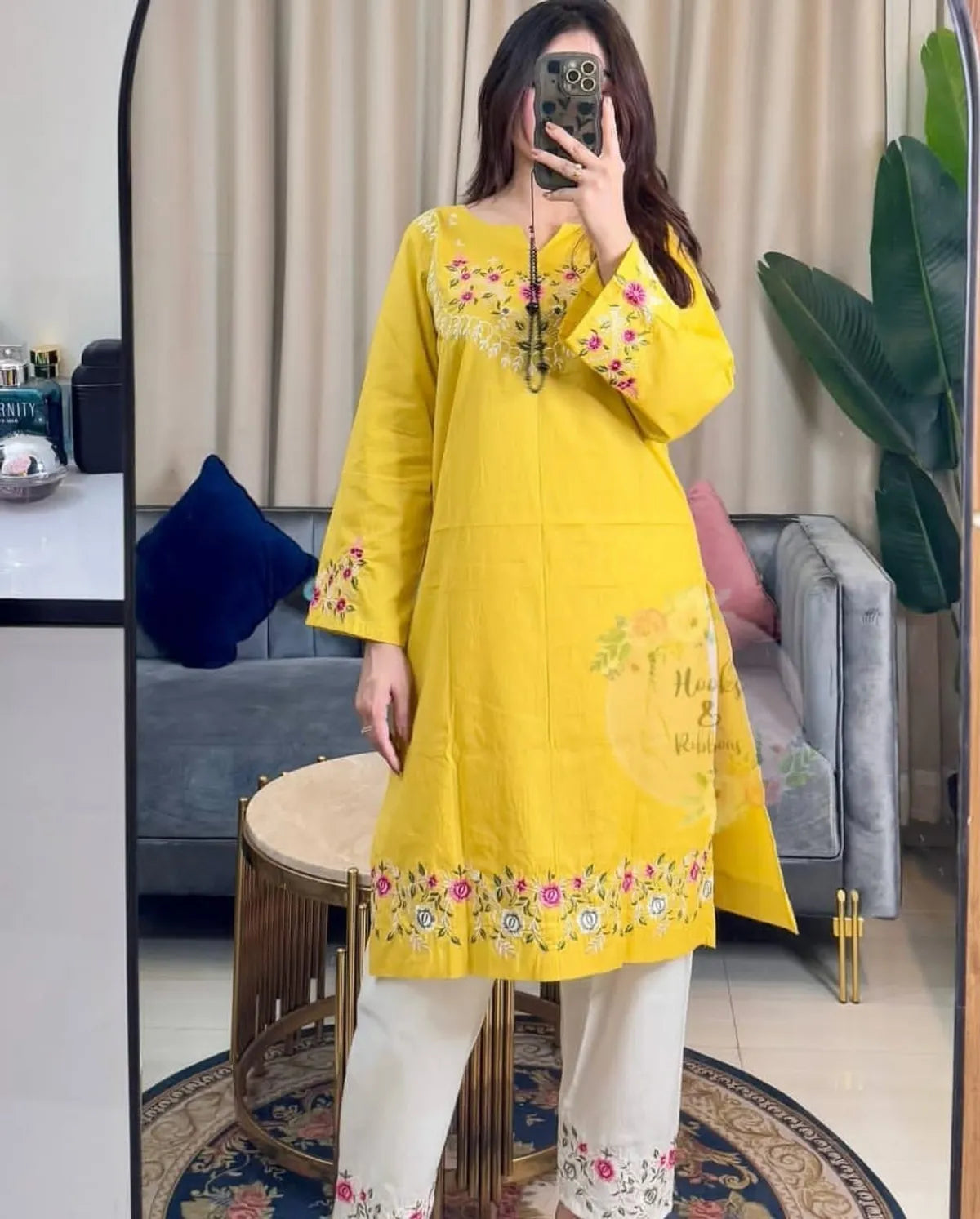 Yellow Floral Embroidered Cotton Kurta Pant Set
