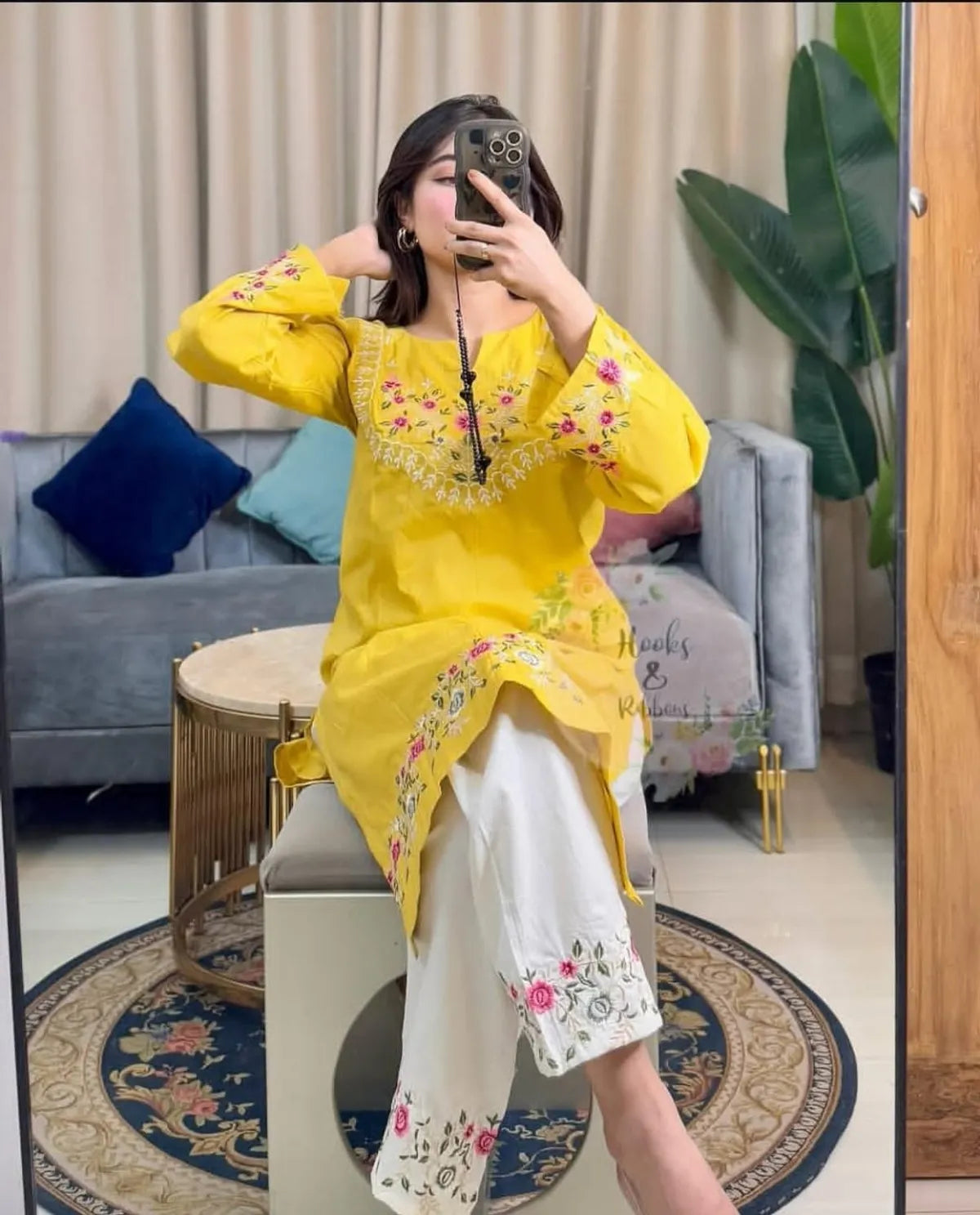 Yellow Floral Embroidered Cotton Kurta Pant Set