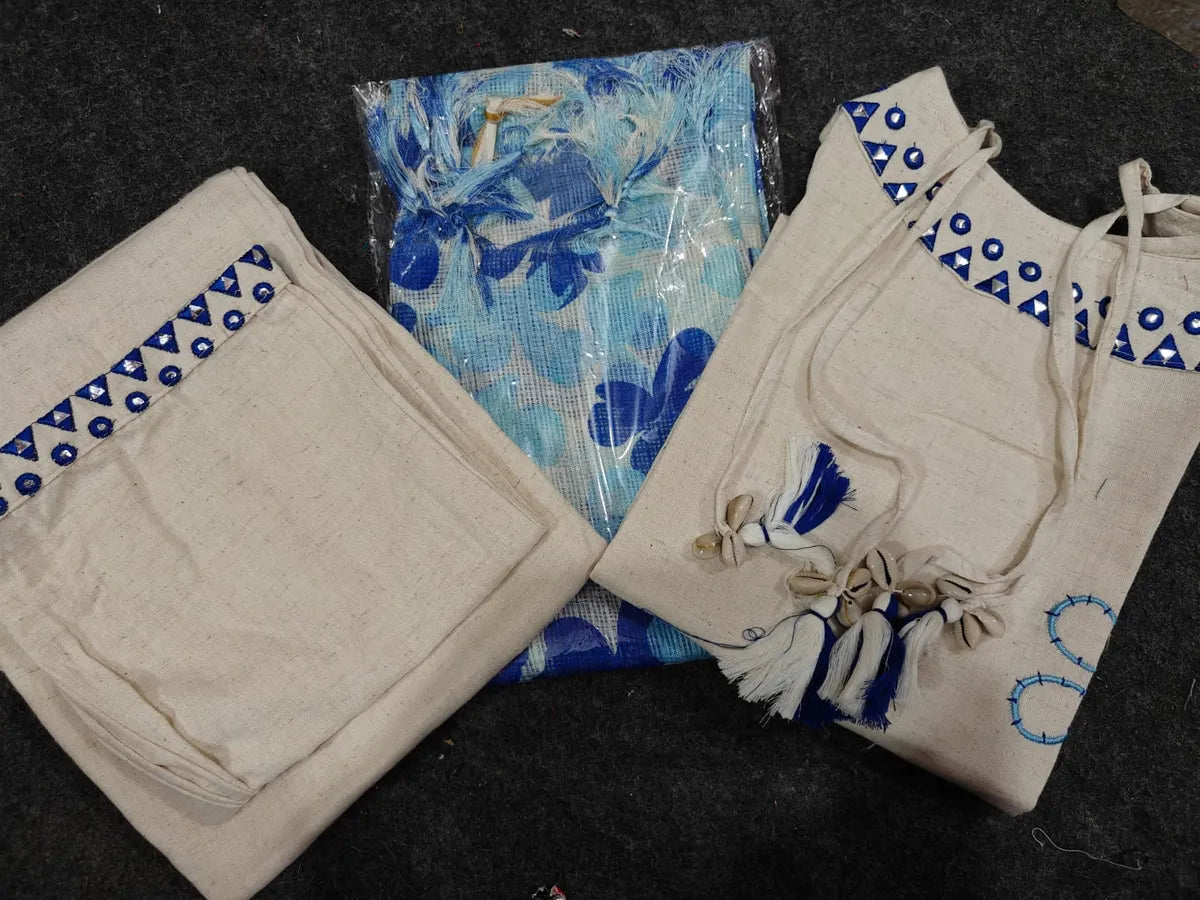 Cotton Embroidered Cut Sleeve Kurta With Pant & Dupatta Set