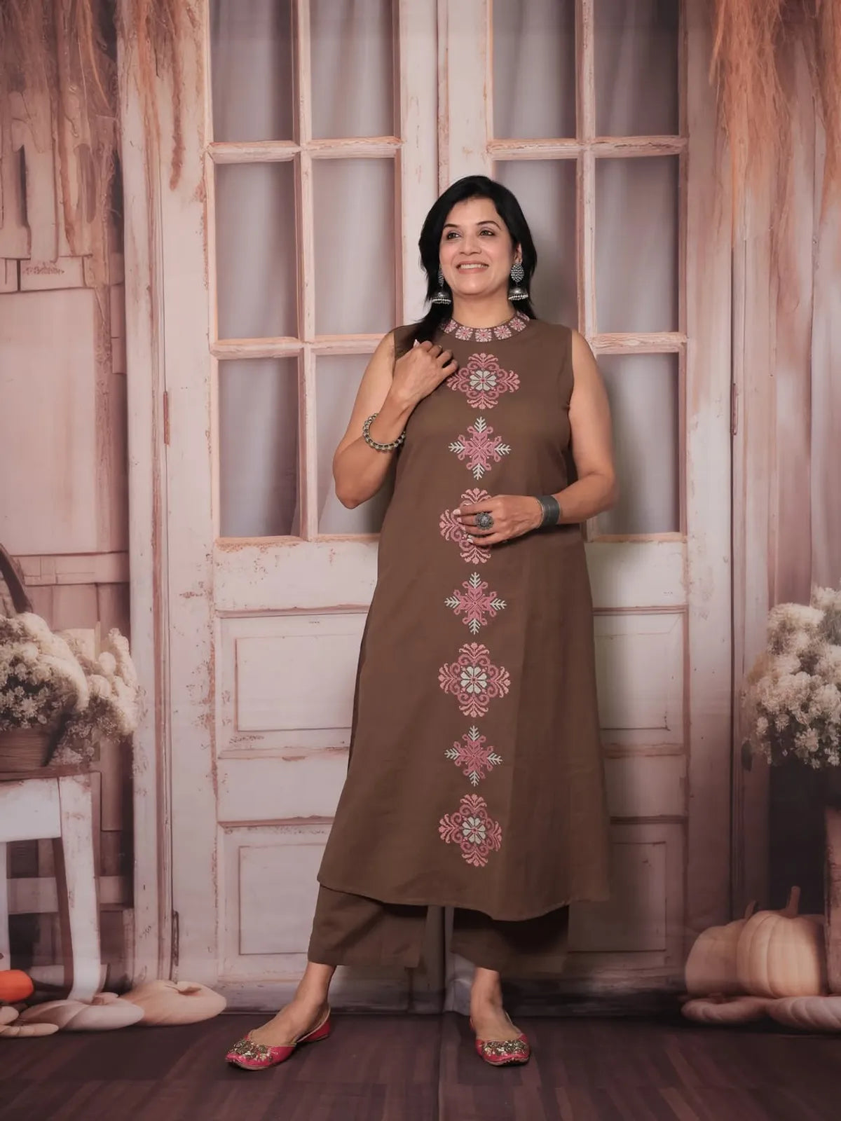 Brown Cotton Embroidered Cut Sleeve Kurta & Pant Set