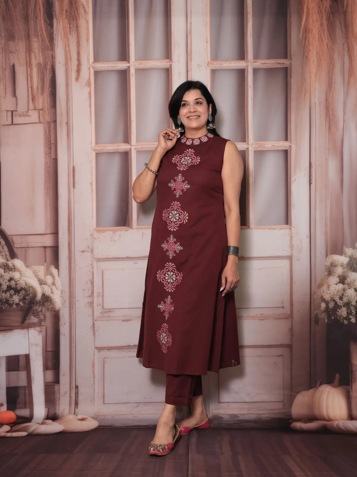 Red Cotton Embroidered Cut Sleeve Kurta & Pant Set