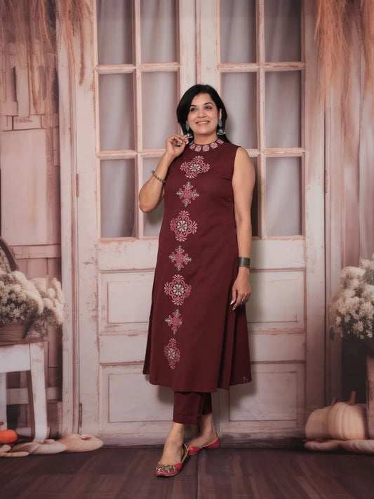 Red Cotton Embroidered Cut Sleeve Kurta & Pant Set