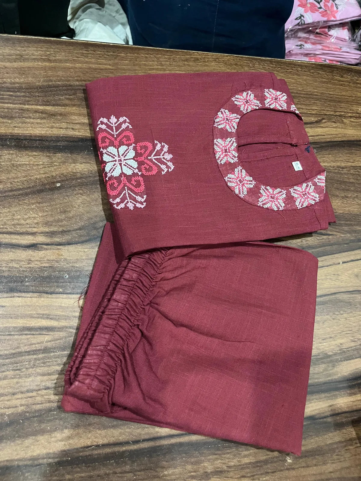 Red Cotton Embroidered Cut Sleeve Kurta & Pant Set