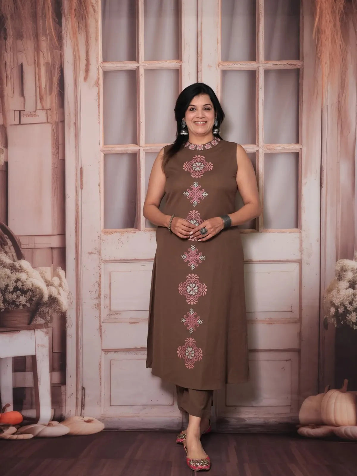 Brown Cotton Embroidered Cut Sleeve Kurta & Pant Set