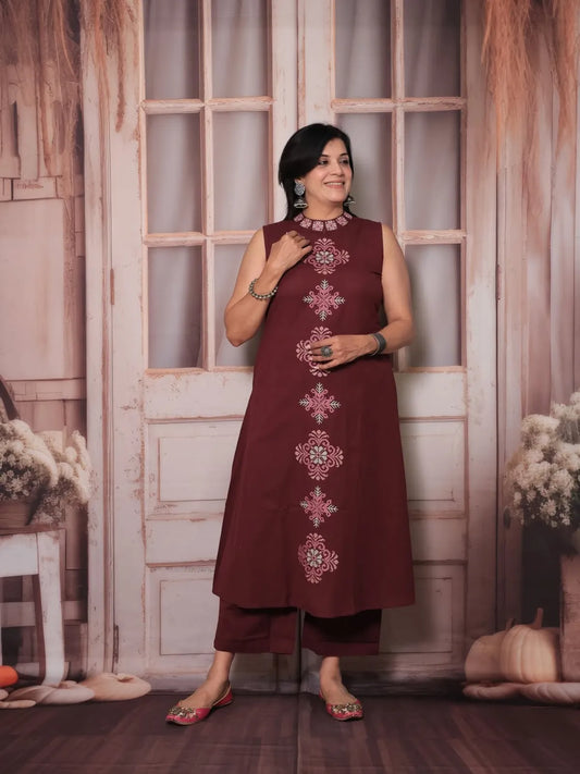 Red Cotton Embroidered Cut Sleeve Kurta & Pant Set