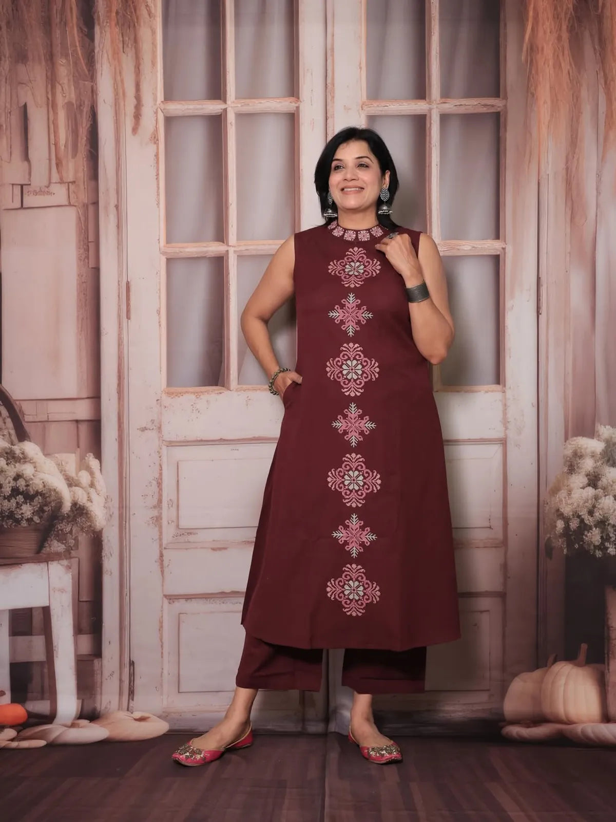 Red Cotton Embroidered Cut Sleeve Kurta & Pant Set
