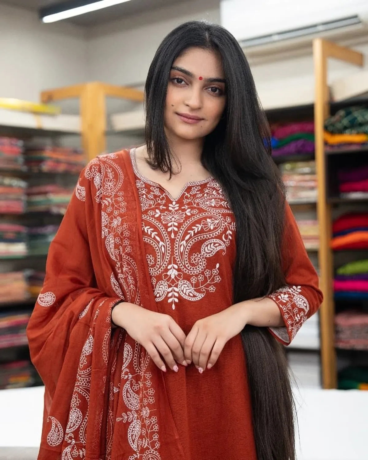 Cotton Embroidered Kurta With Pant & Dupatta Set