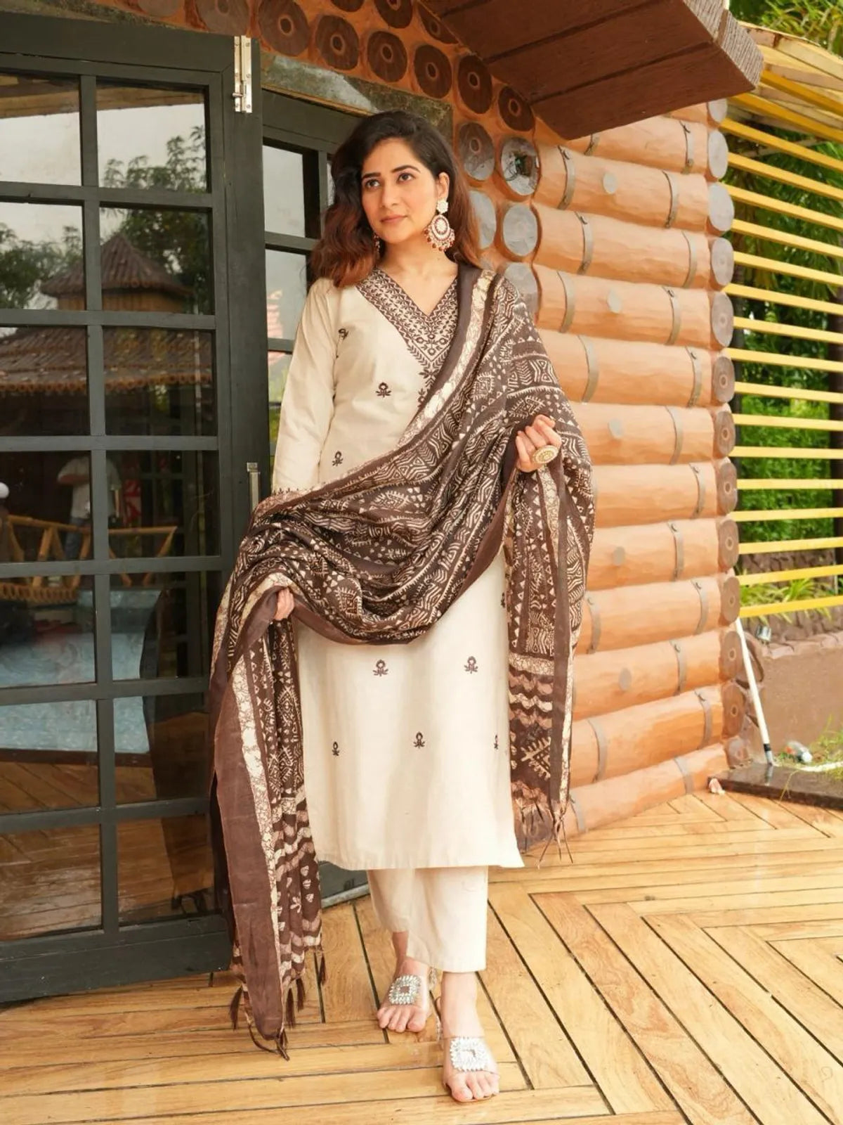 Ivory Brown Embroidered Cotton Kurta Pant Set with Dupatta