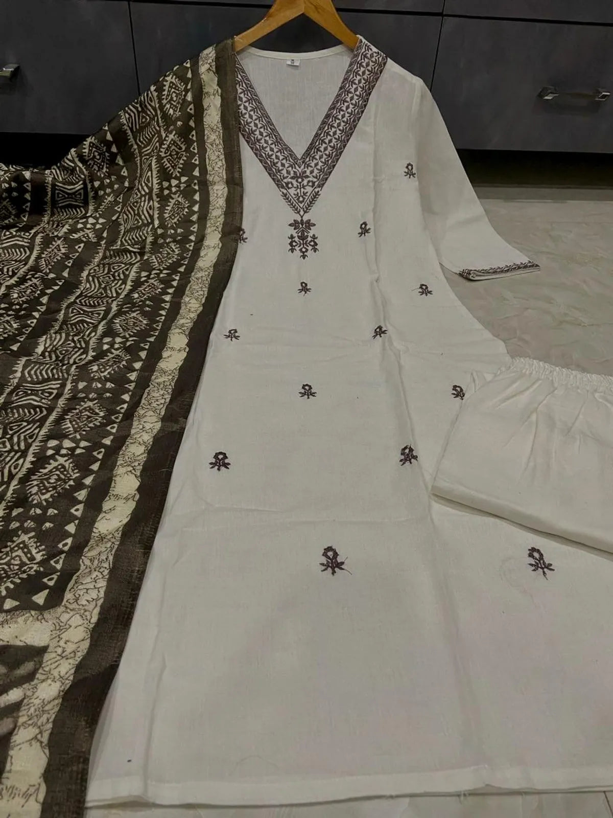 Ivory Brown Embroidered Cotton Kurta Pant Set with Dupatta
