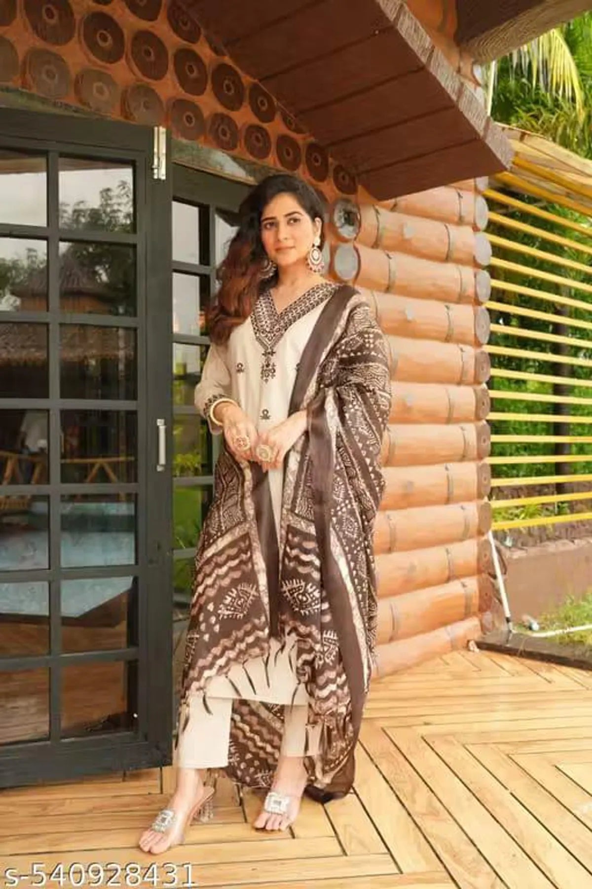 Ivory Brown Embroidered Cotton Kurta Pant Set with Dupatta