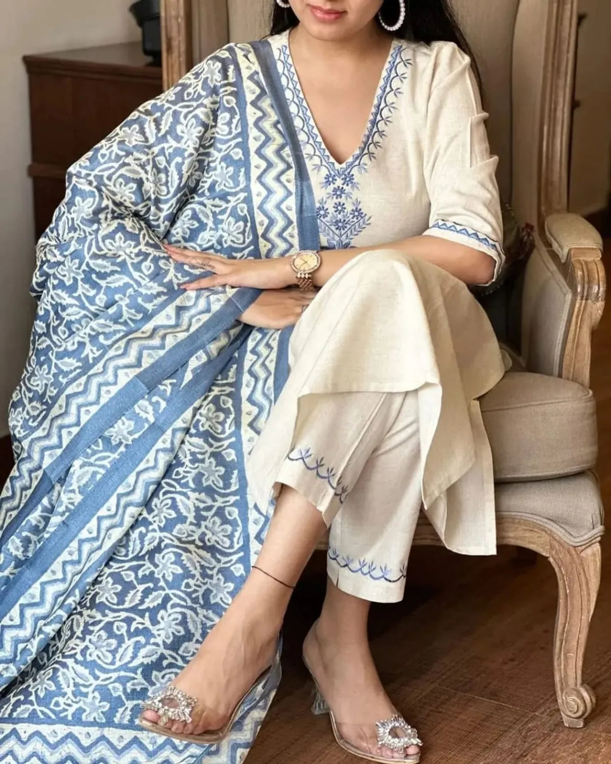 Cotton Embroidered Kurta With Pant & Dupatta Set